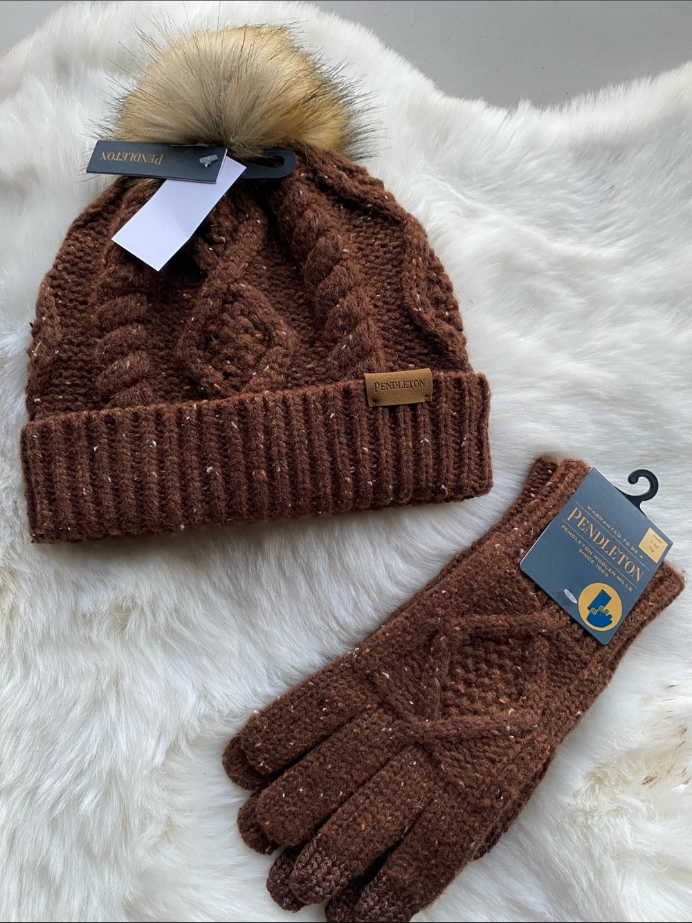 Pendleton Brown Cable Knit Beanie with Faux Fur Pom and Matching Gloves